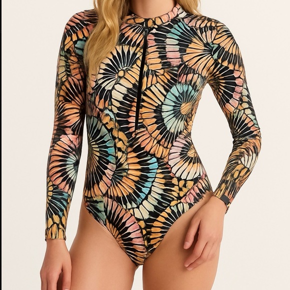 Billabong A/Div Long Sleeve Swimsuit Small Retro Print Surf Suit Rashguard Zip - Picture 5 of 5